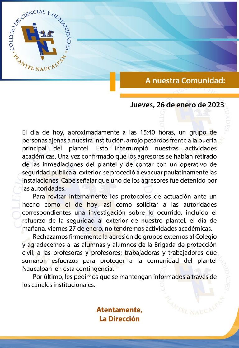 Suspenden clases en CCH Naucalpan. Foto: Facebook