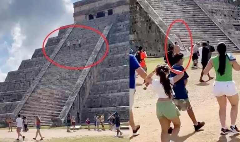 Turista sube a pirámide en Chichén Itzá y lo golpean. Foto: Twitter