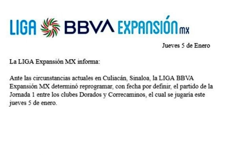 Liga de Expansión MX suspende Dorados vs Correcaminos