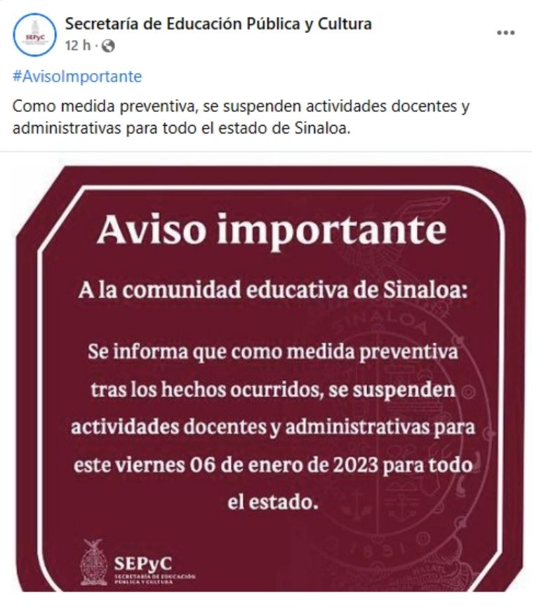 Suspenden actividades en Sinaloa, por violencia. Foto: Twitter