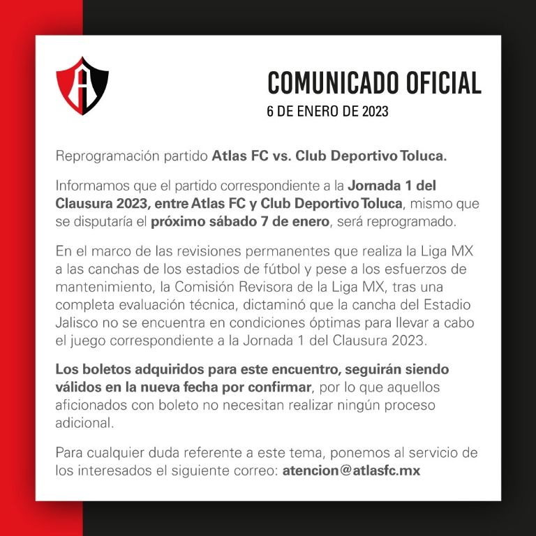 Atlas vs Toluca suspendido