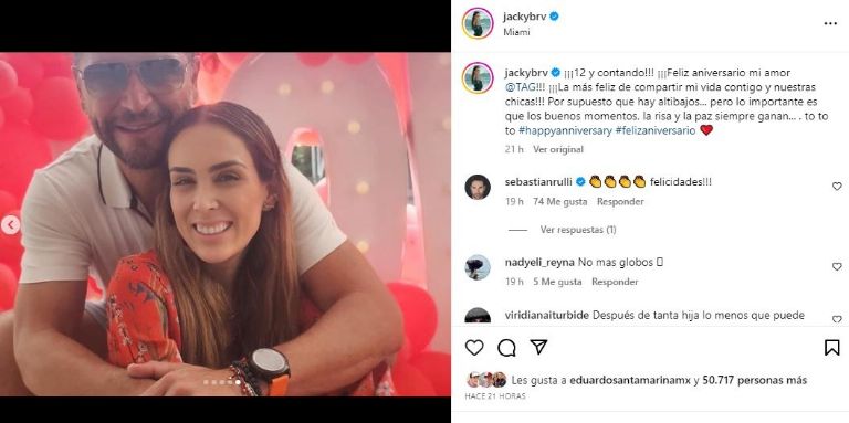 Jacqueline Bracamontes celebra 12 años de matrimonio con Martín Fuentes