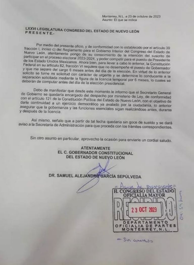 Samuel García pide licencia para buscar la presidencia