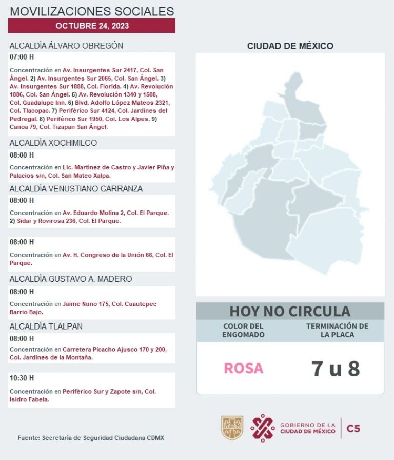 Marchas y bloqueos en CDMX hoy 24 de octubre