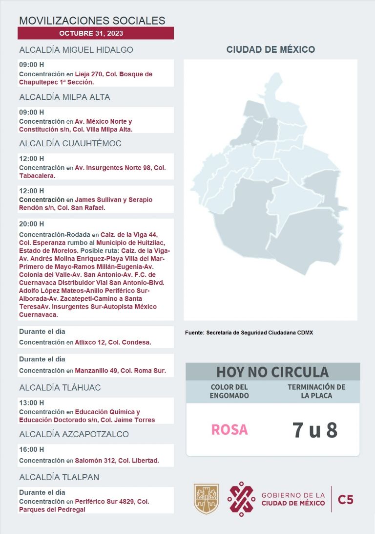 Marchas y bloqueos en CDMX hoy 31 de octubre