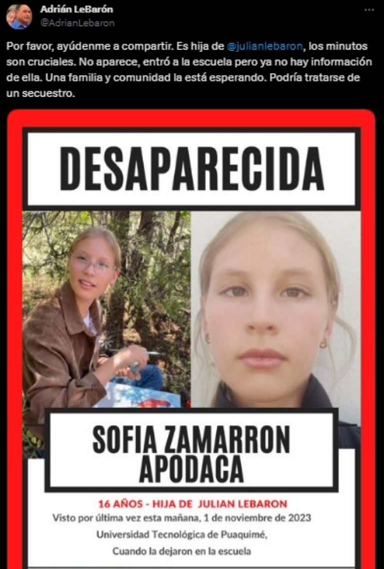 Adrián LeBarón pidió apoyo para hallar a Sofía Zamarrón 