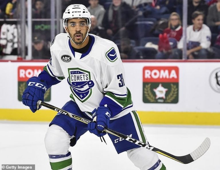 Matt Petgrave, fotografiado mientras jugaba para los Utica Comets, estuvo involucrado en una colisión con Johnson en el hielo durante el partido en Sheffield 