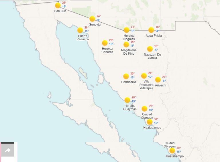 Pronóstico del clima y el tiempo para Sonora hoy miércoles 22 de noviembre. Foto: Meteored