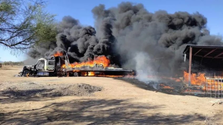 Tráiler se incendia en la carretera Hermosillo-Guaymas; hay un cuerpo calcinado