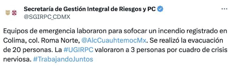 Reportan Incendio en la colonia Roma