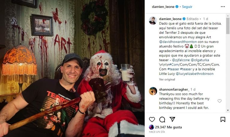 La nueva imagen detrás de cámaras de 'Terrifier 3' trae el terror del payaso Art a las fiestas