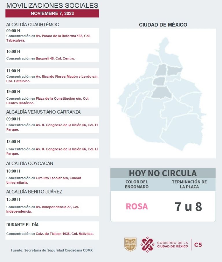 Marchas y bloqueos hoy 7 de noviembre en CDMX