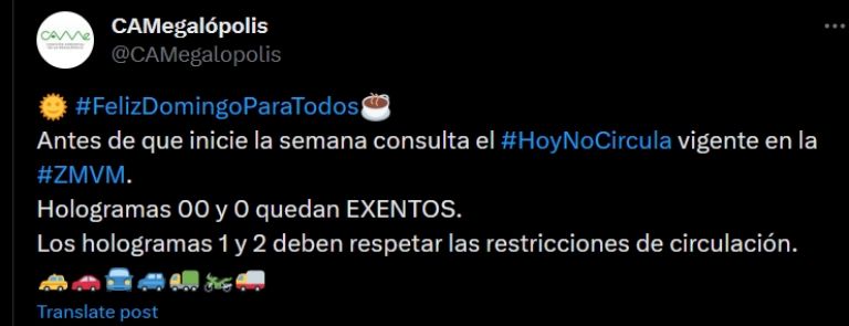 Hoy No Circula para este domingo, 17 de diciembre