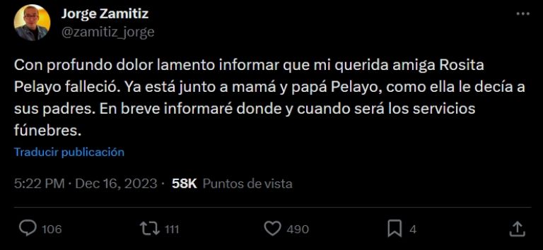 Confirman la muerte de Rosita Pelayo