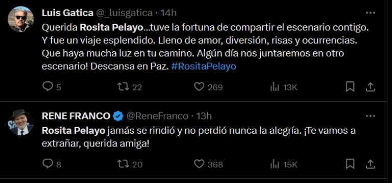 Famosos lloran la muerte de Rosita Pelayo