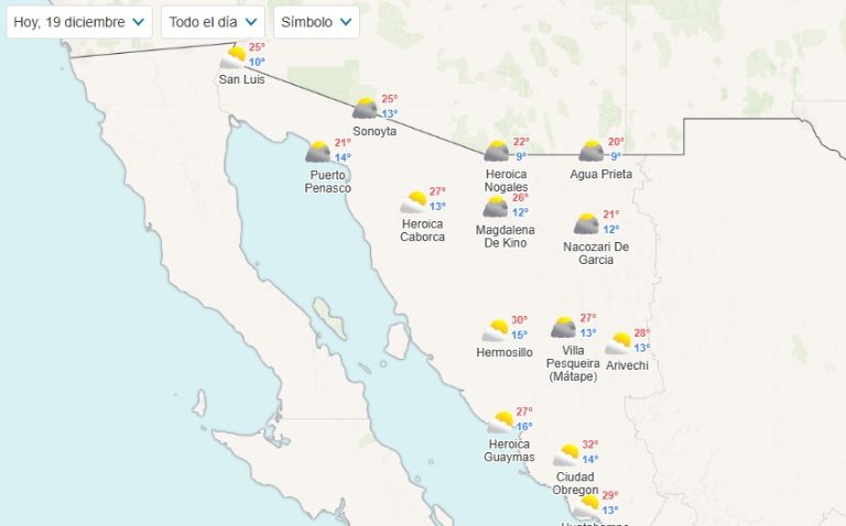 Pronóstico del clima para Sonora hoy, martes 19 de diciembre. Foto: Meteored