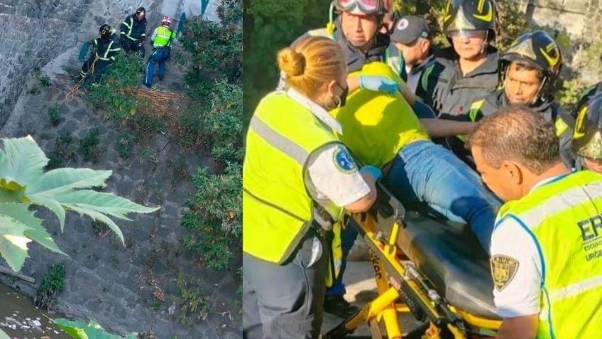 Con lancha y cuerdas: Bomberos rescatan a borracho de canal de aguas negras en CDMX