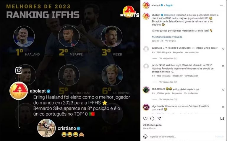 La reacción de Cristiano Ronaldo al quedar fuera del top 10 de mejores jugadores de 2023