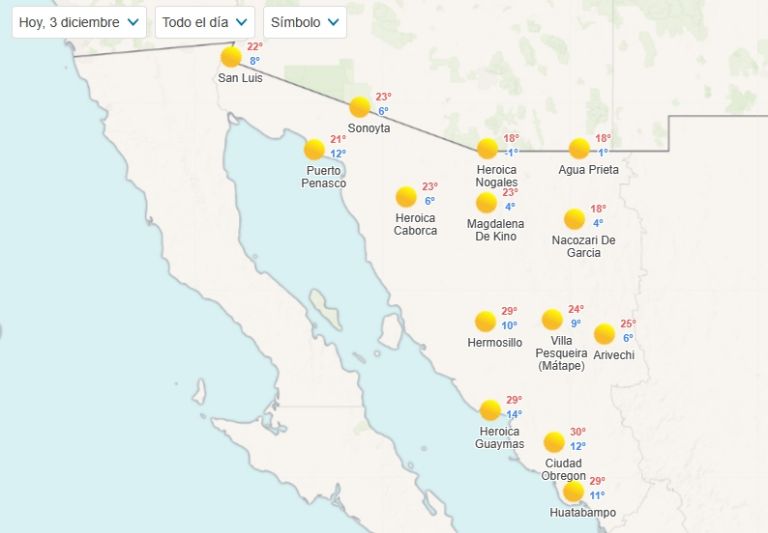 Temperaturas en Sonora para hoy, domingo 3 de diciembre