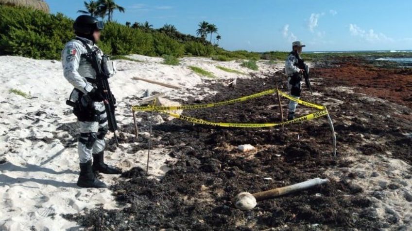 Guardia Nacional asegura droga escondida entre el sargazo de una playa en Tulum