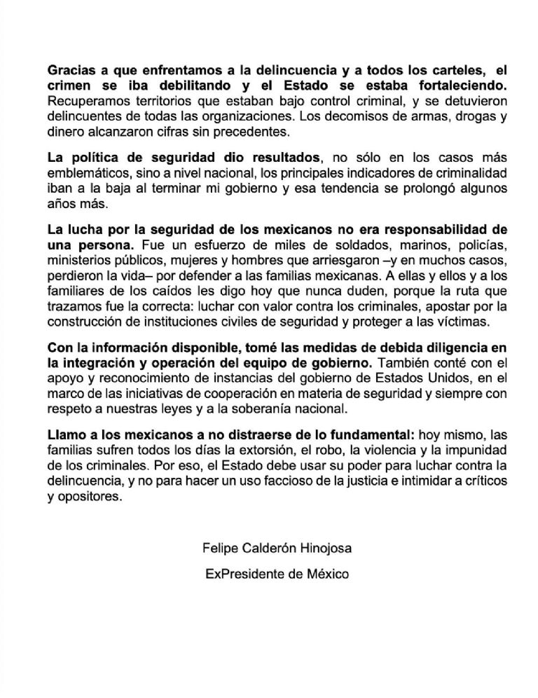 Comunicado de Felipe Calderón. Foto: Twitter