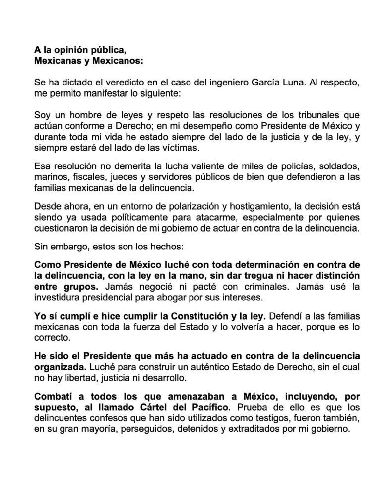 Comunicado de Felipe Calderón. Foto: Twitter