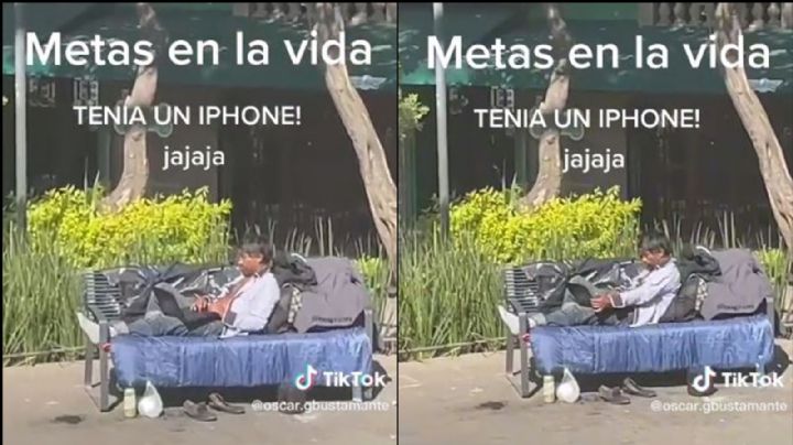 FOTO: Hombre en condición de calle es captado mientras usa una laptop y un celular de alta gama