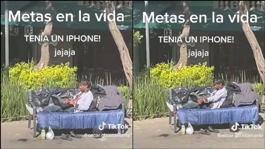 FOTO: Hombre en condición de calle es captado mientras usa una laptop y un celular de alta gama