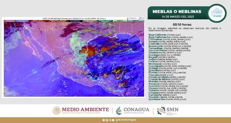 Pronóstico de neblinas en México hoy martes 14 de marzo. Foto: Conagua