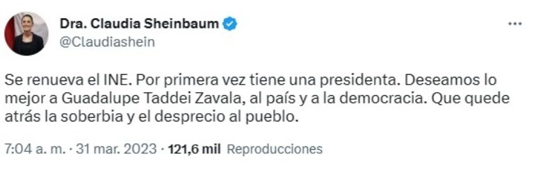 Claudia Sheinbaum felicita a Guadalupe Taddei, nueva presidenta del INE. Foto: Internet