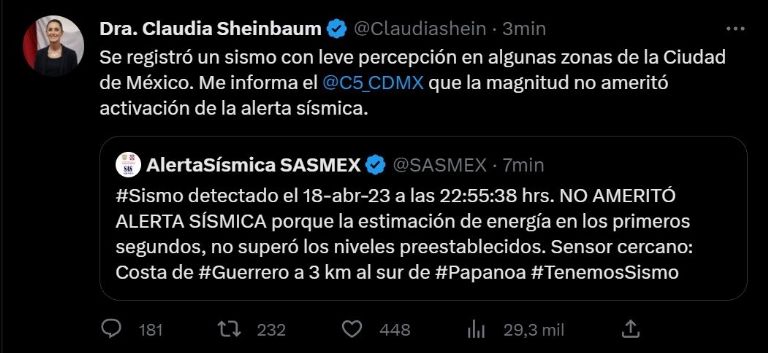 Sheinbaum informa sobre sismo en CDMX. Foto: Twitter
