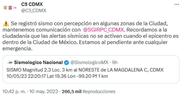 Temblor en CDMX el Día de las Madres. Foto: Twitter