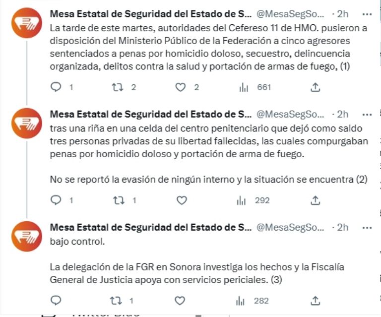 Informan sobre muertes de reos en Cefereso de Hermosillo. Foto: Twitter