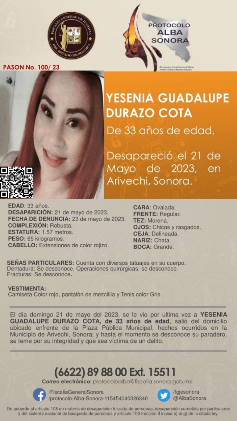 Activan Protocolo Alba por desaparición de Yesenia, en Sonora. Foto: FGJE