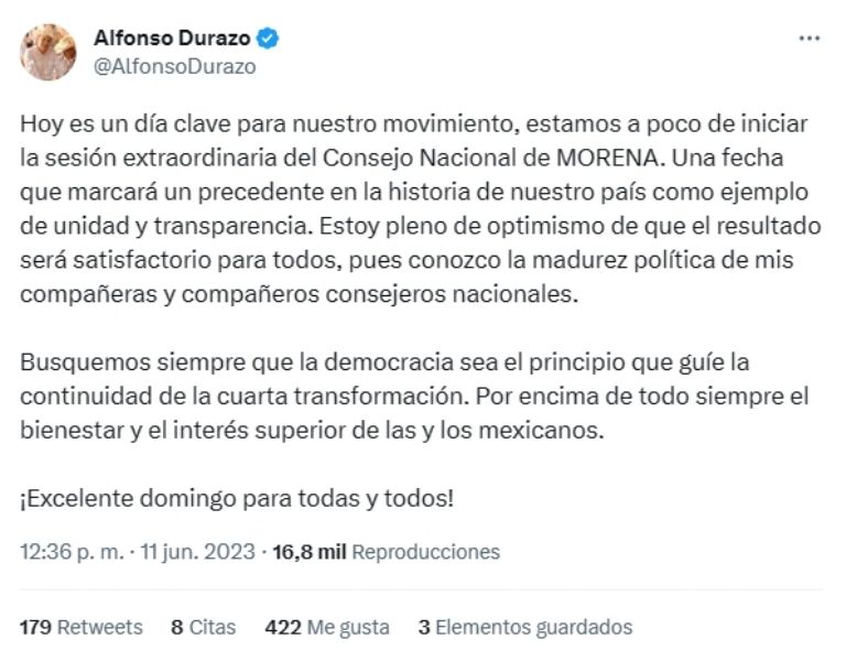 Hoy es un día importante para Morena, asegura Alfonso Durazo. Foto: Internet