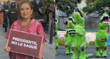 Vestida de dinosaurio, Xóchitl Gálvez llega a Palacio Nacional para protestar por esta razón