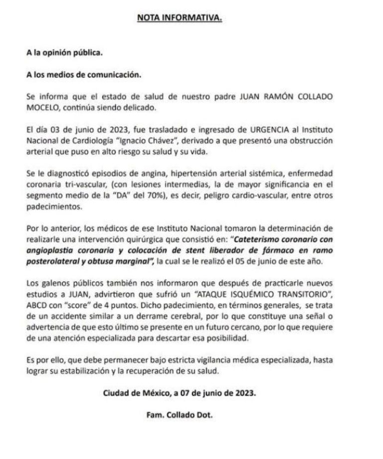 Comunicado de la familia de Juan Collado