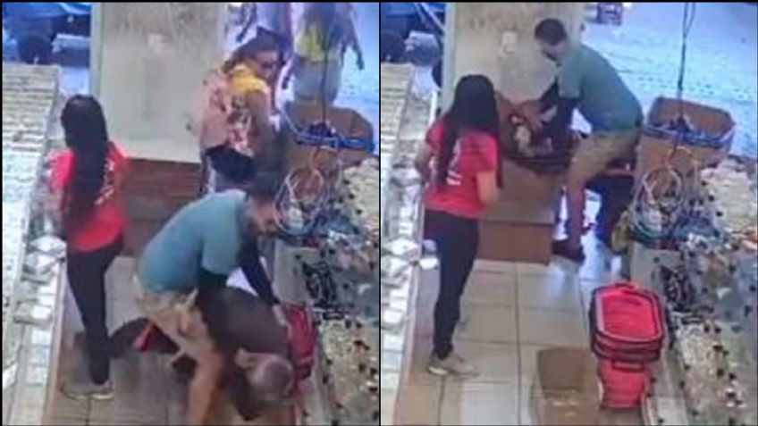 VIDEO: Sujeto agrede a una mujer en centro comercial; testigo lo somete y le da tremenda paliza