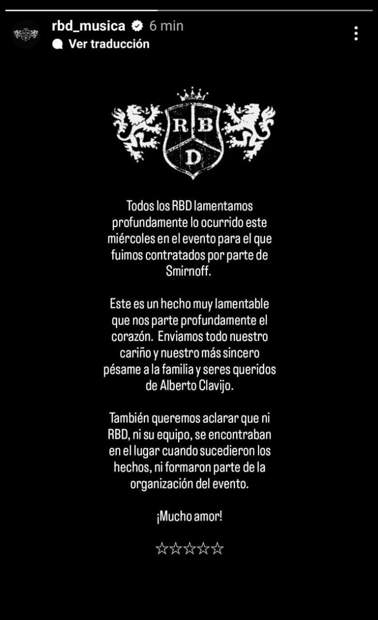 RBD lamenta la muerte de Alberto Clavijo durante evento del grupo