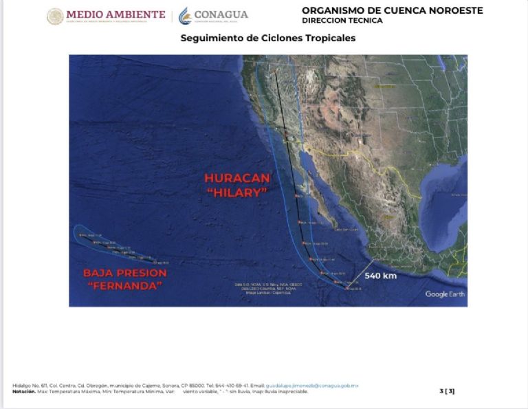 Trayecto del huracán 'Hilary' en México. Foto: Conagua