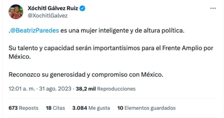 Tuit de Xóchitl Gálvez 
