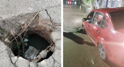 Alcantarilla destapada en Guaymas provoca daños en automóviles, lleva siete en la semana