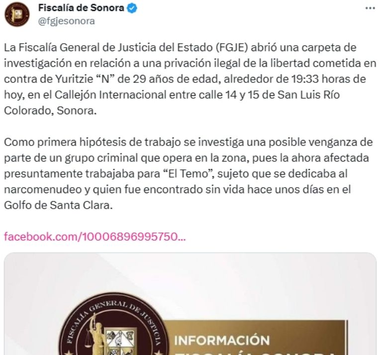 'Levantan' a mujer en SLRC, Sonora. Foto: FGJE