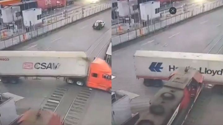 VIDEO: tractocamión fracasa al tratar de ganarle el paso a un tren y es embestido en Colima