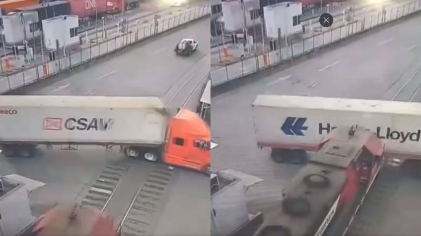 VIDEO: tractocamión fracasa al tratar de ganarle el paso a un tren y es embestido en Colima
