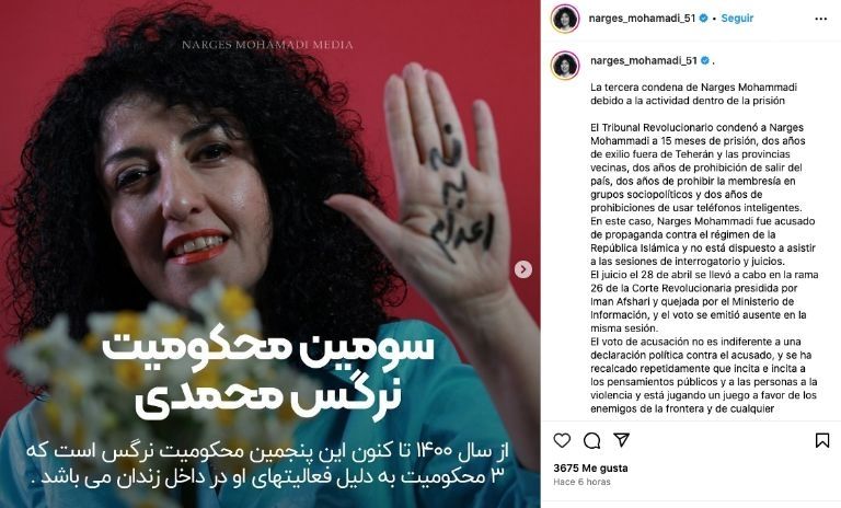 El régimen iraní volvió a condenar a Narges Mohammadi, premio Nobel de la Paz