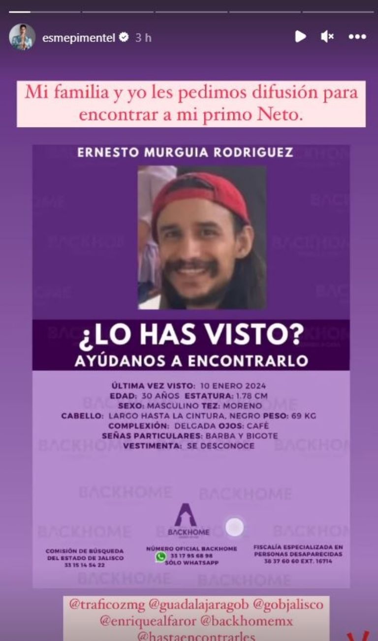 Esmeralda Pimentel reporta a primo desaparecido