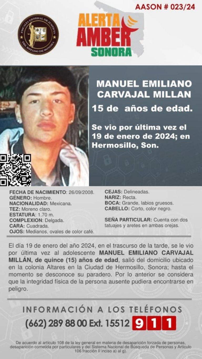 Activan Alerta Amber por joven desaparecido en Sonora. Foto: FGJES