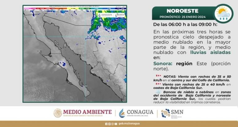 Clima en Sonora para hoy, jueves 25 de enero del 2024. Foto: Conagua