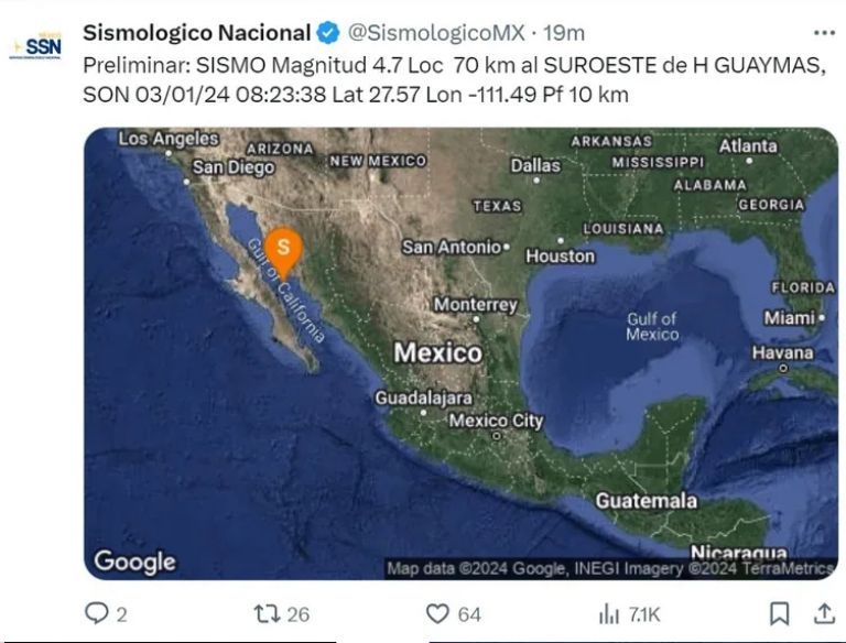 Sismo en Guaymas, Sonora. Foto: SSN